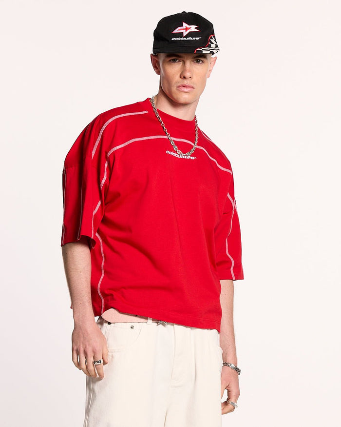 ROLLER TEE RED - red oversized tee, front view on male model - Cold Culture #man
