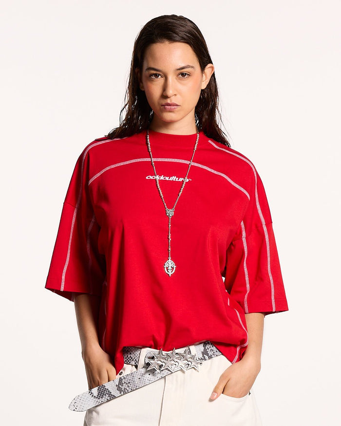 ROLLER TEE RED - red oversized tee, front view on female model - Cold Culture #woman