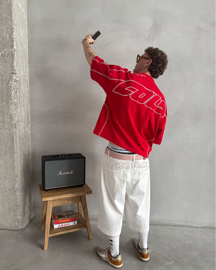 ROLLER TEE RED - red oversized tee, back view on male model - Cold Culture