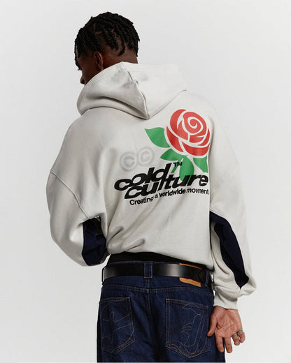 ROSE HOODIE PEARL GREY - pearl grey graphic print hoodie, back view on male model - Cold Culture #man
