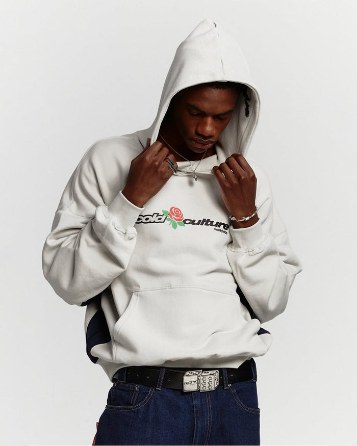 ROSE HOODIE PEARL GREY - pearl grey graphic print hoodie, front view on male model - Cold Culture #man