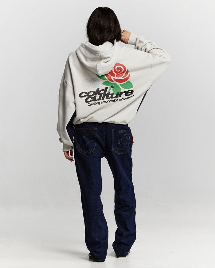 ROSE HOODIE PEARL GREY - pearl grey graphic print hoodie, back view on female model - Cold Culture #woman