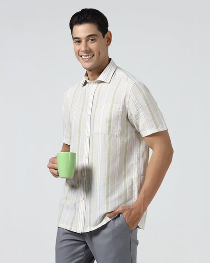 Sage Green Half Sleeve Linen Stripe Shirt - Junel
