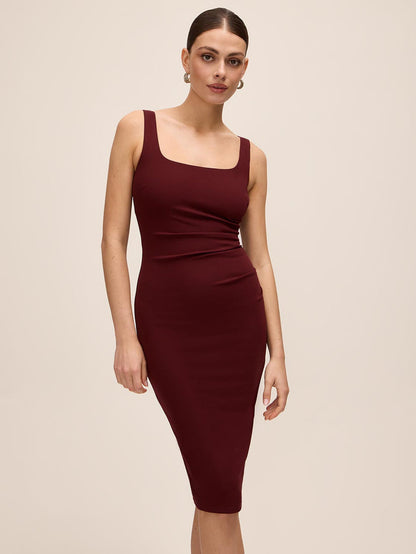 Bordeaux Knit Crepe Scoop Neck Midi Dress - Side Profile View - Le Chateau
