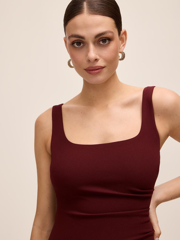 Bordeaux Knit Crepe Scoop Neck Midi Dress - Close-up Neckline Detail - Le Chateau