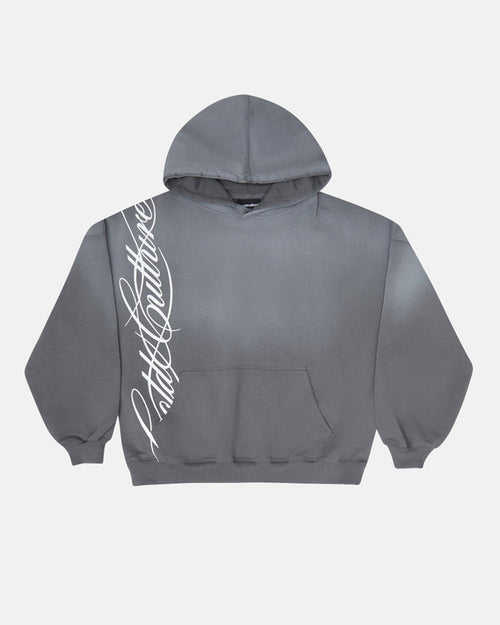 SCRIPT HOODIE ANTRACITE GREY - grey script print hoodie, front view - Cold Culture