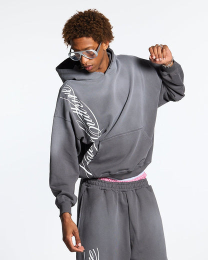 SCRIPT HOODIE ANTRACITE GREY - grey script print hoodie, front view on male model - Cold Culture #man
