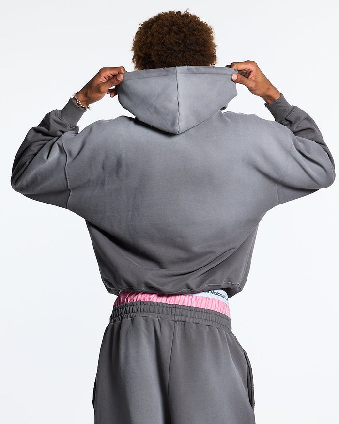 SCRIPT HOODIE ANTRACITE GREY - grey script print hoodie, back view on male model - Cold Culture #man