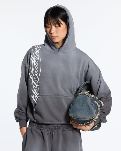 SCRIPT HOODIE ANTRACITE GREY - grey script print hoodie, front view on female model - Cold Culture #woman