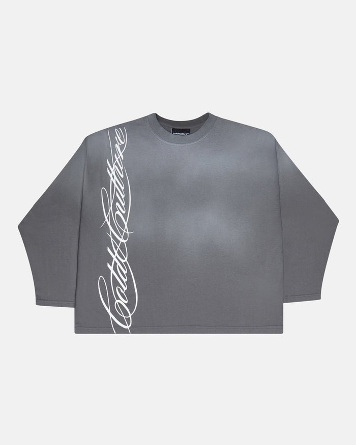 SCRIPT LONGSLEEVE TEE ANTRACITE GREY - dark grey script print longsleeve tee, front view - Cold Culture
