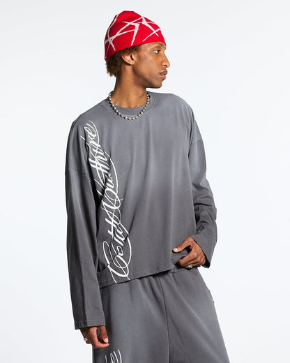 SCRIPT LONGSLEEVE TEE ANTRACITE GREY - dark grey script print longsleeve tee, front view on male model - Cold Culture #man