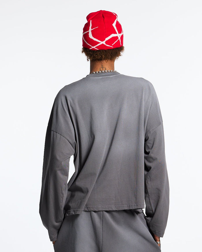 SCRIPT LONGSLEEVE TEE ANTRACITE GREY - dark grey script print longsleeve tee, back view on male model - Cold Culture #man
