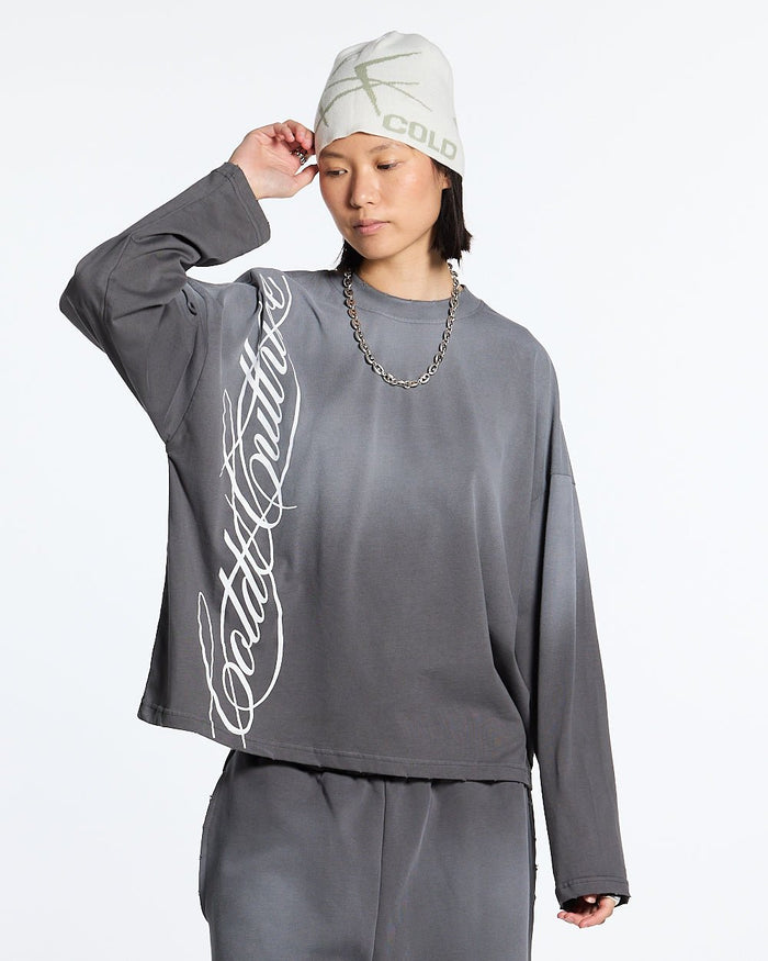 SCRIPT LONGSLEEVE TEE ANTRACITE GREY - dark grey script print longsleeve tee, front view on female model - Cold Culture #woman