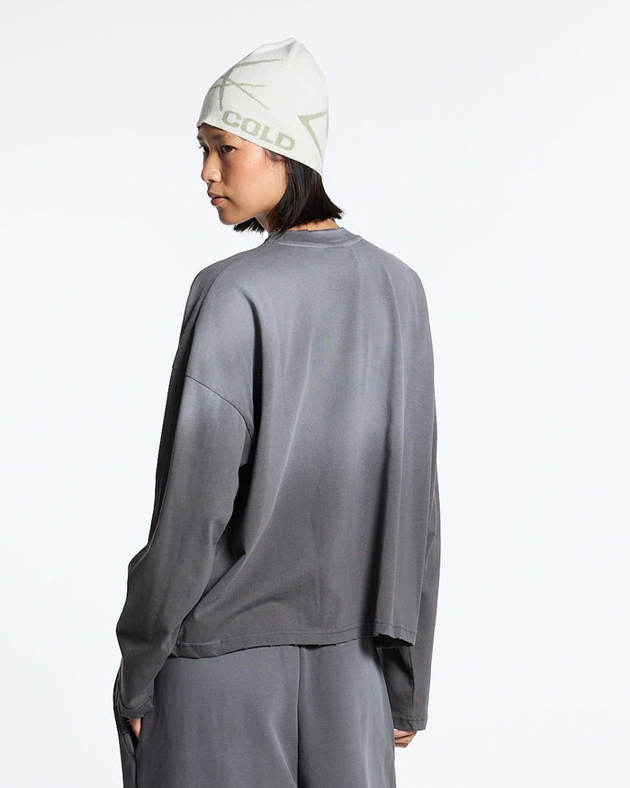 SCRIPT LONGSLEEVE TEE ANTRACITE GREY - dark grey script print longsleeve tee, back view on female model - Cold Culture #woman