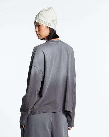SCRIPT LONGSLEEVE TEE ANTRACITE GREY - dark grey script print longsleeve tee, back view on female model - Cold Culture #woman
