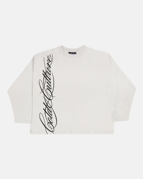 SCRIPT LONGSLEEVE TEE LIGHT GREY - light grey script print longsleeve tee, front view - Cold Culture