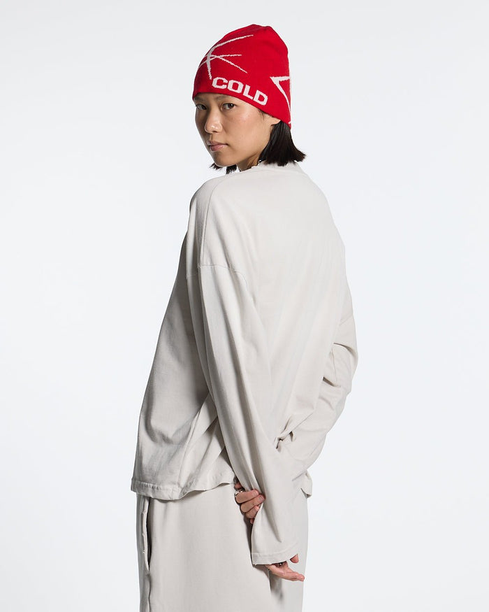 SCRIPT LONGSLEEVE TEE LIGHT GREY - light grey script print longsleeve tee, side view - Cold Culture #woman