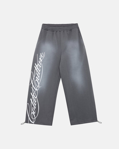 SCRIPT SWEATPANTS ANTRACITE GREY - dark grey script print sweatpants, front view - Cold Culture