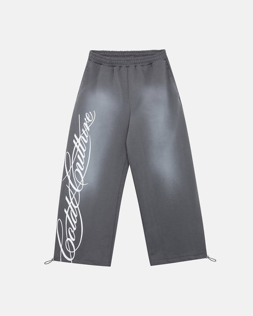 SCRIPT SWEATPANTS ANTRACITE GREY - dark grey script print sweatpants, front view - Cold Culture