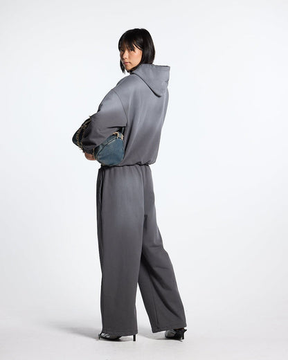 SCRIPT SWEATPANTS ANTRACITE GREY - dark grey script print sweatpants, back view on female model - Cold Culture #woman