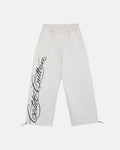 SCRIPT SWEATPANTS LIGHT GREY - light grey script print sweatpants, front view - Cold Culture
