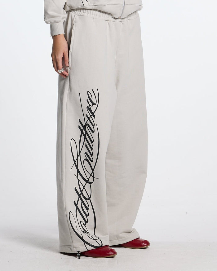 SCRIPT SWEATPANTS LIGHT GREY - light grey script print sweatpants, worn detail - Cold Culture #man