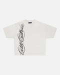 SCRIPT TEE LIGHT GREY - light grey script print tee, front view - Cold Culture