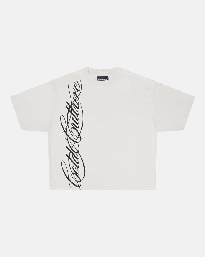 SCRIPT TEE LIGHT GREY - light grey script print tee, front view - Cold Culture