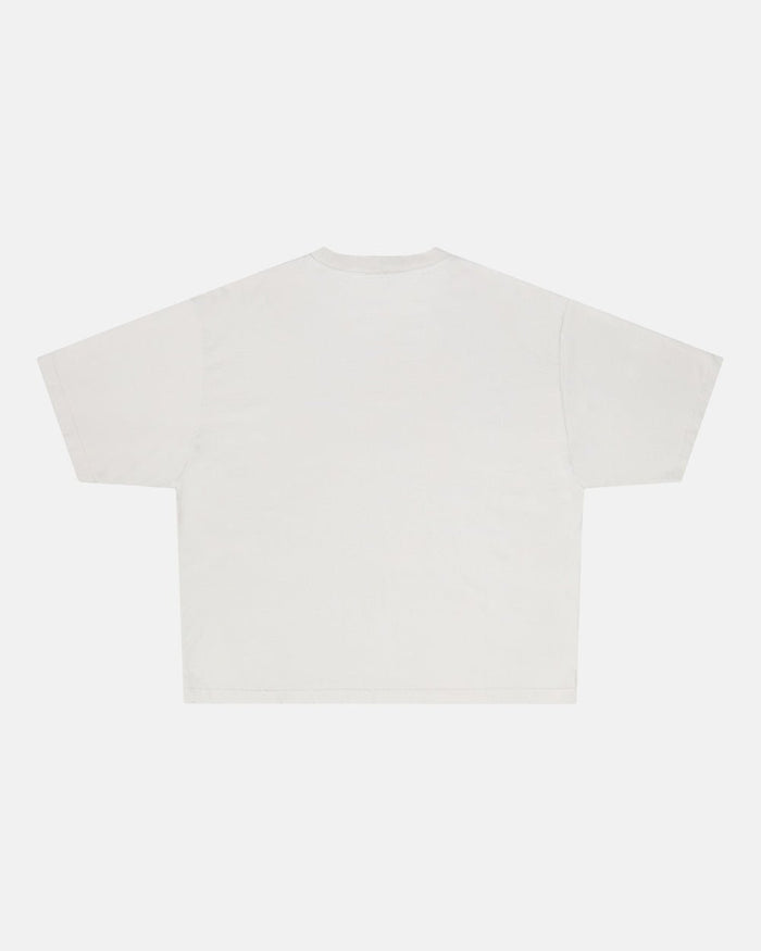 SCRIPT TEE LIGHT GREY - light grey script print tee, back view - Cold Culture