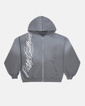 SCRIPT ZIP HOODIE ANTRACITE GREY - dark grey script print zip hoodie, front view - Cold Culture