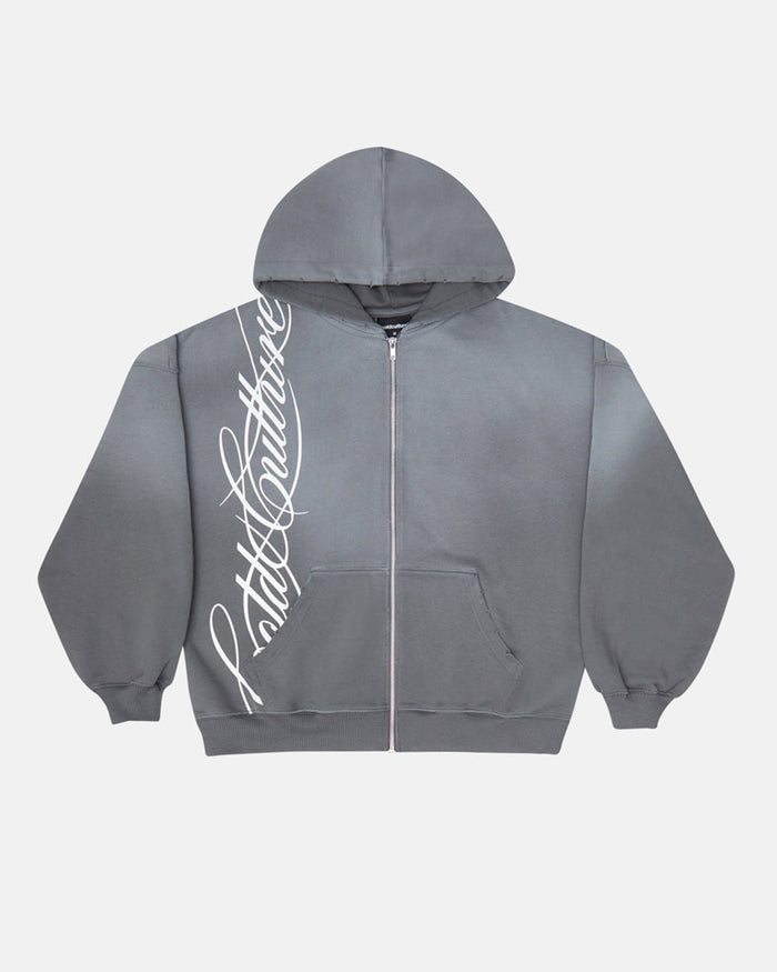 SCRIPT ZIP HOODIE ANTRACITE GREY - dark grey script print zip hoodie, front view - Cold Culture