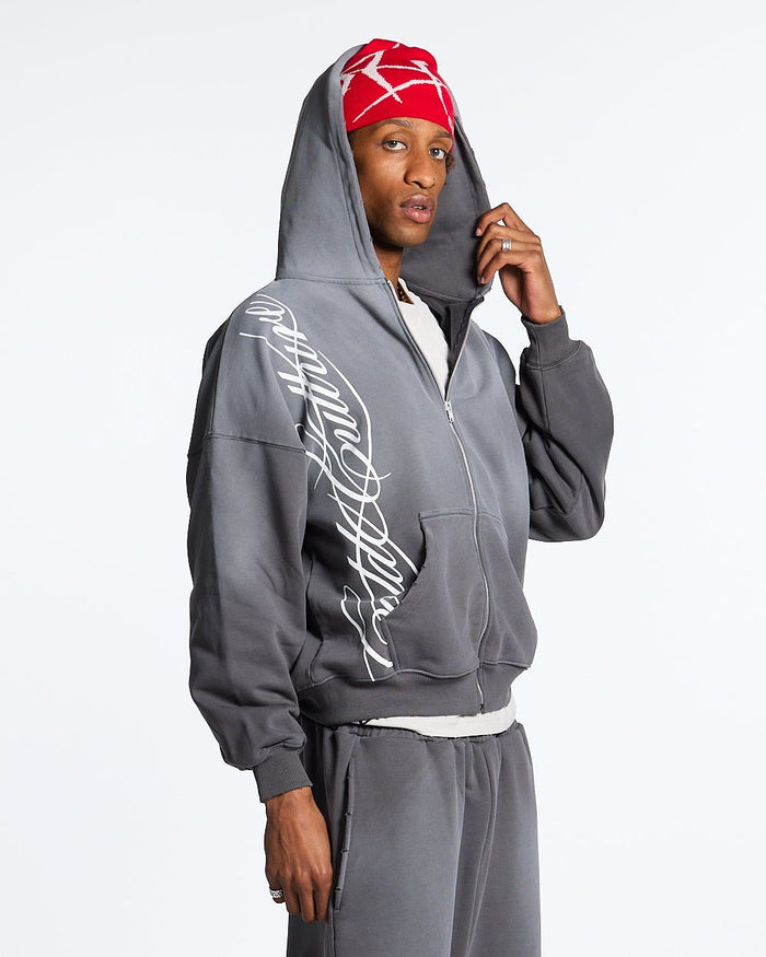 SCRIPT ZIP HOODIE ANTRACITE GREY - dark grey script print zip hoodie, front view on male model - Cold Culture #man