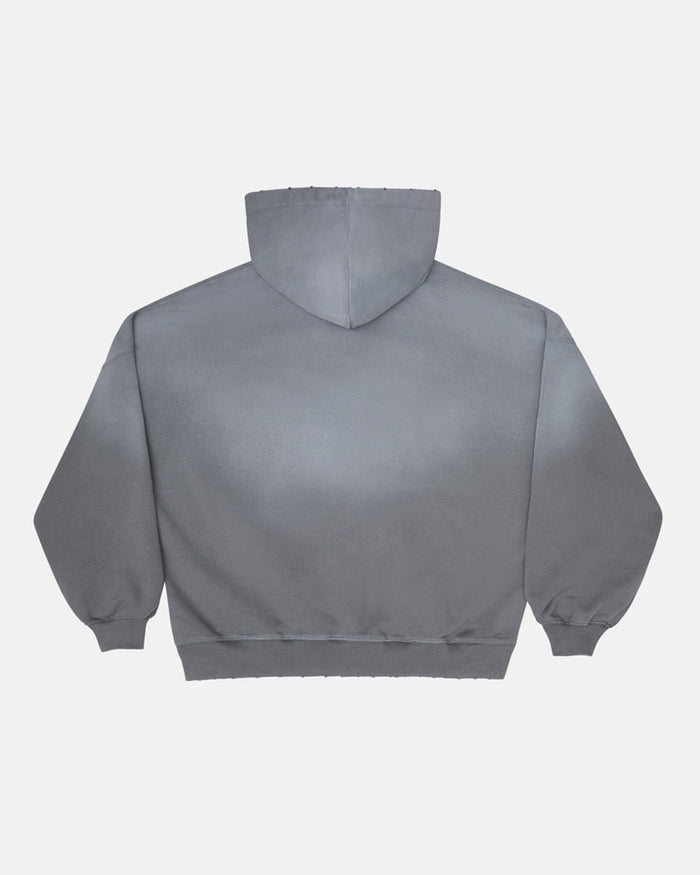 SCRIPT ZIP HOODIE ANTRACITE GREY - dark grey script print zip hoodie, back view - Cold Culture