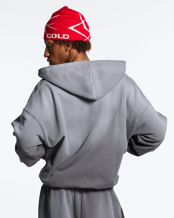 SCRIPT ZIP HOODIE ANTRACITE GREY - dark grey script print zip hoodie, back view on male model - Cold Culture #man
