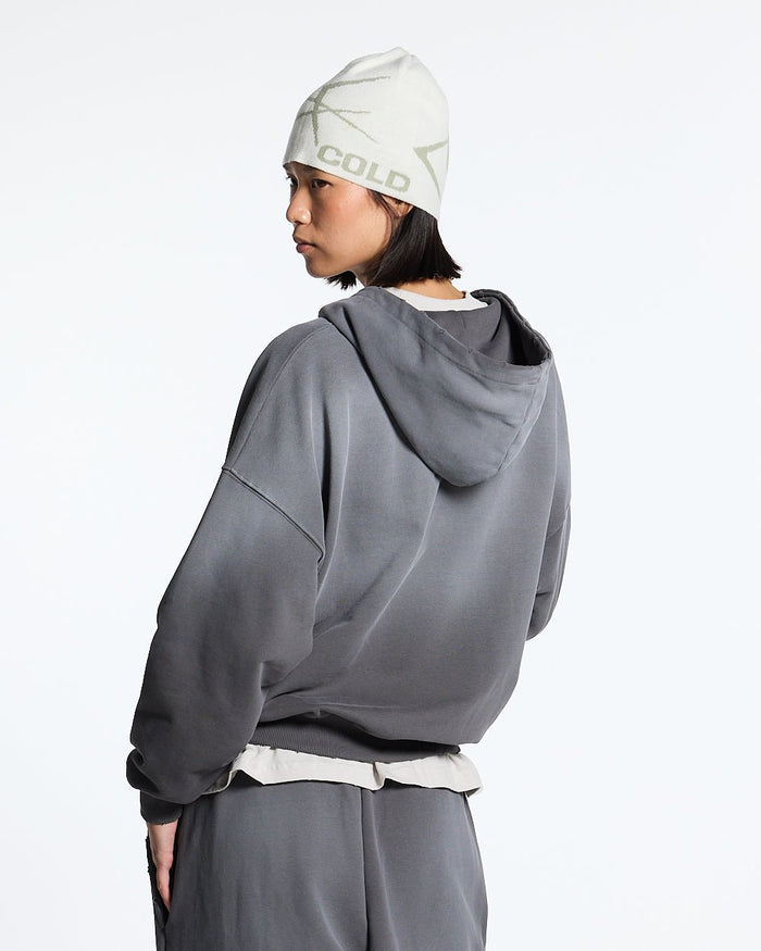 SCRIPT ZIP HOODIE ANTRACITE GREY - dark grey script print zip hoodie, back view on female model - Cold Culture #woman