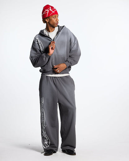 SCRIPT ZIP HOODIE ANTRACITE GREY - dark grey script print zip hoodie, front view on male model - Cold Culture #man