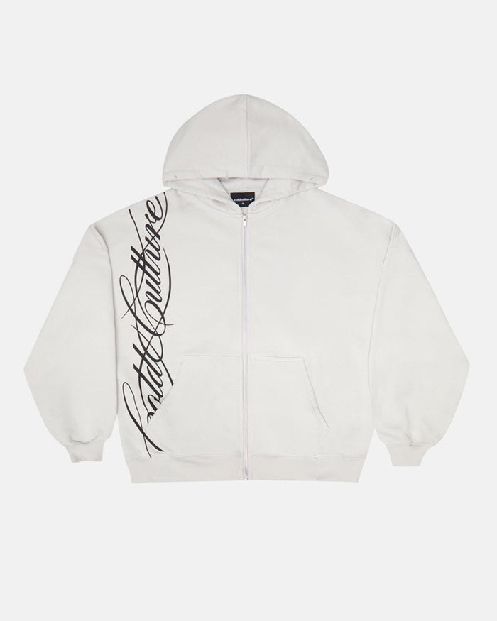 SCRIPT ZIP HOODIE LIGHT GREY - light grey script print zip hoodie, front view - Cold Culture