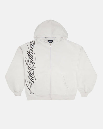 SCRIPT ZIP HOODIE LIGHT GREY - light grey script print zip hoodie, front view - Cold Culture