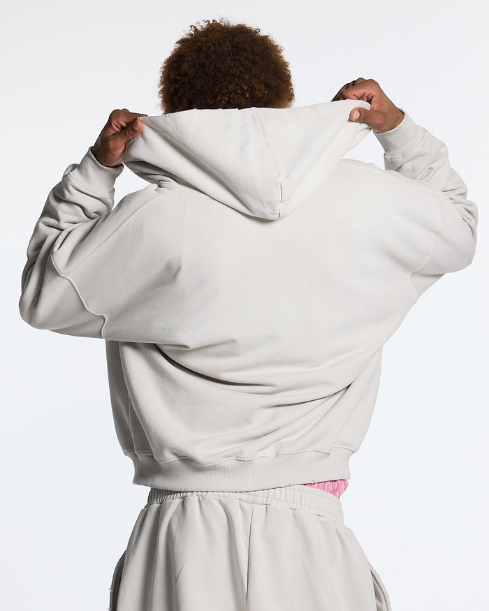 SCRIPT ZIP HOODIE LIGHT GREY - light grey script print zip hoodie, back view on male model - Cold Culture #man