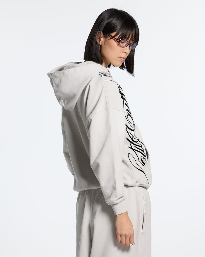 SCRIPT ZIP HOODIE LIGHT GREY - light grey script print zip hoodie, side view - Cold Culture #woman