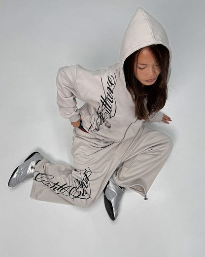 SCRIPT ZIP HOODIE LIGHT GREY - light grey script print zip hoodie, street style shot - Cold Culture