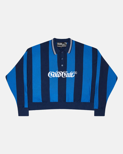SEAWAVES KNIT BLUE STRIPES - blue striped knit sweater, front view - Cold Culture
