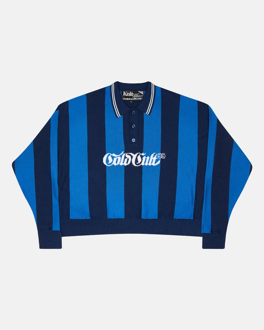 SEAWAVES KNIT BLUE STRIPES - blue striped knit sweater, front view - Cold Culture