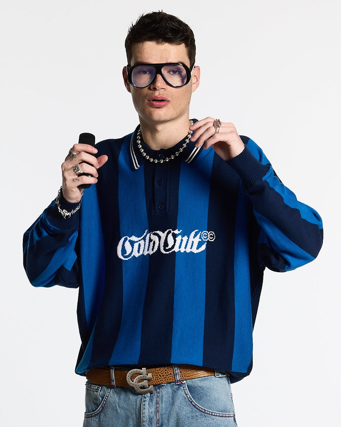 SEAWAVES KNIT BLUE STRIPES - blue striped knit sweater, front view on male model - Cold Culture #man