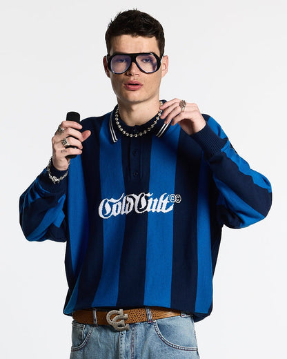 SEAWAVES KNIT BLUE STRIPES - blue striped knit sweater, front view on male model - Cold Culture #man