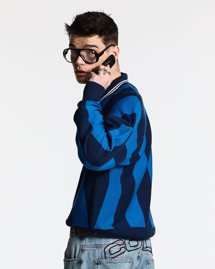 SEAWAVES KNIT BLUE STRIPES - blue striped knit sweater, side view - Cold Culture #man