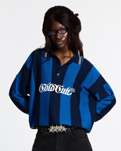 SEAWAVES KNIT BLUE STRIPES - blue striped knit sweater, front view on female model - Cold Culture #woman