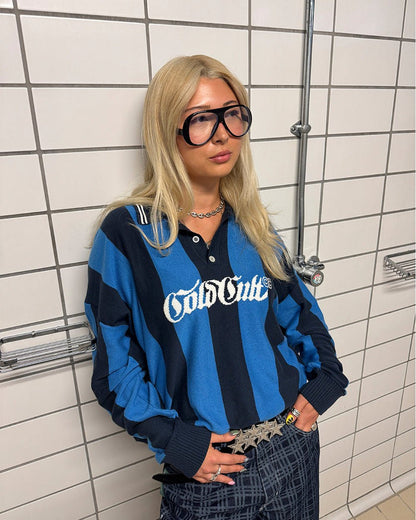 SEAWAVES KNIT BLUE STRIPES - blue striped knit sweater, street style shot - Cold Culture