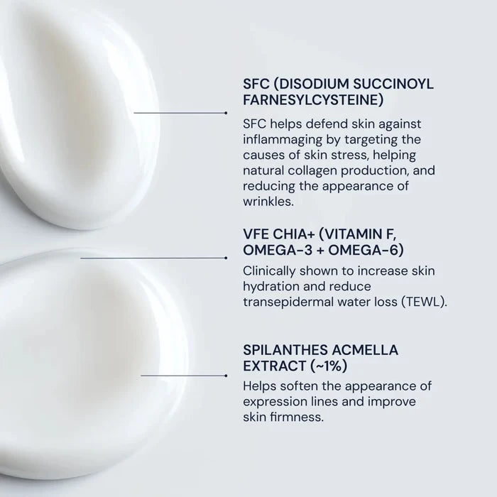Text detailing skincare ingredients with two white bowls on a light gray background