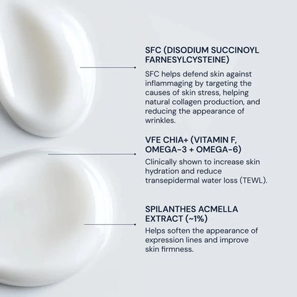 Text detailing skincare ingredients with two white bowls on a light gray background
